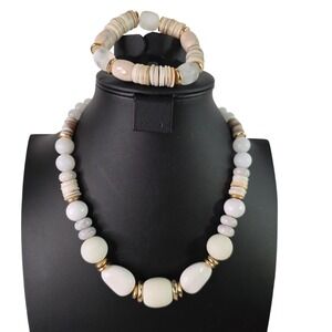 Chicos Chunky Necklace Mother of Pearl Gemstone Jewelry Set Coastal Boho Beachy